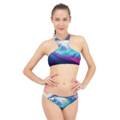 Waves Ocean Sea Tsunami Nautical Nature Water High Neck Bikini Set