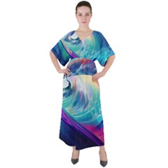 Waves Ocean Sea Tsunami Nautical Nature Water V-Neck Boho Style Maxi Dress