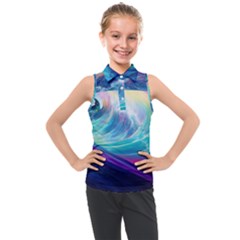 Waves Ocean Sea Tsunami Nautical Nature Water Kids  Sleeveless Polo Tee