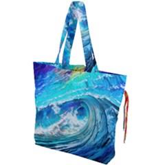 Tsunami Waves Ocean Sea Nautical Nature Water Painting Drawstring Tote Bag by uniart180623