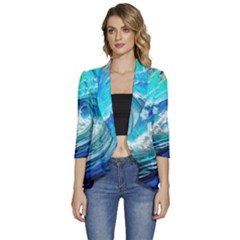 Tsunami Waves Ocean Sea Nautical Nature Water Painting Women s 3/4 Sleeve Ruffle Edge Open Front Jacket by uniart180623