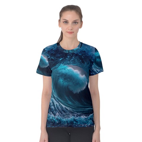 Tsunami Waves Ocean Sea Water Rough Seas Women s Cotton Tee by uniart180623