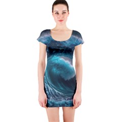 Tsunami Waves Ocean Sea Water Rough Seas Short Sleeve Bodycon Dress by uniart180623