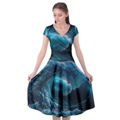 Tsunami Waves Ocean Sea Water Rough Seas Cap Sleeve Wrap Front Dress by uniart180623