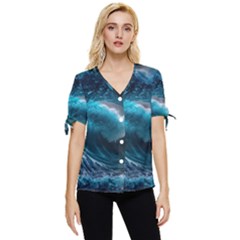 Tsunami Waves Ocean Sea Water Rough Seas Bow Sleeve Button Up Top