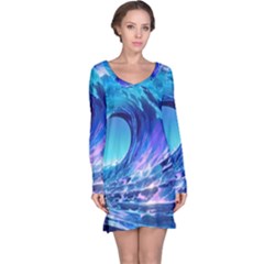 Tsunami Tidal Wave Ocean Waves Sea Nature Water Blue Long Sleeve Nightdress by uniart180623