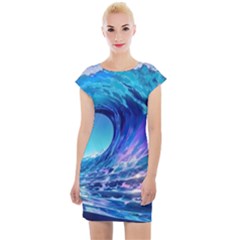 Tsunami Tidal Wave Ocean Waves Sea Nature Water Blue Cap Sleeve Bodycon Dress