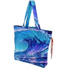 Tsunami Tidal Wave Ocean Waves Sea Nature Water Blue Drawstring Tote Bag by uniart180623