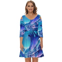 Tsunami Tidal Wave Ocean Waves Sea Nature Water Blue Shoulder Cut Out Zip Up Dress by uniart180623