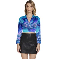 Tsunami Tidal Wave Ocean Waves Sea Nature Water Blue Long Sleeve Tie Back Satin Wrap Top by uniart180623