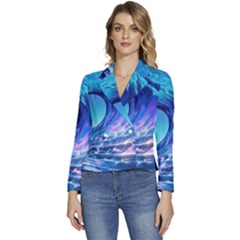 Tsunami Tidal Wave Ocean Waves Sea Nature Water Blue Women s Long Sleeve Revers Collar Cropped Jacket by uniart180623