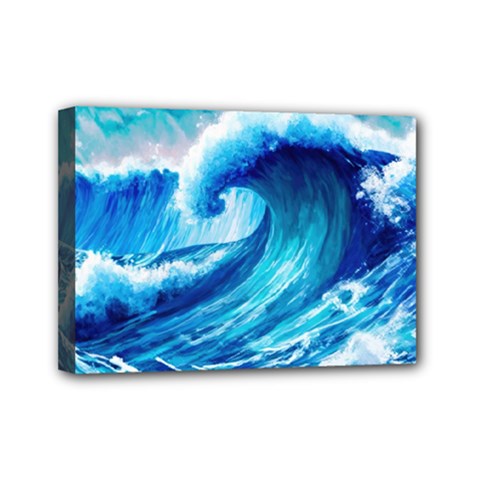 Tsunami Tidal Wave Ocean Waves Sea Nature Water Blue Painting Mini Canvas 7  X 5  (stretched) by uniart180623