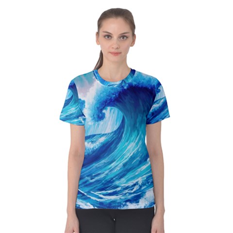 Tsunami Tidal Wave Ocean Waves Sea Nature Water Blue Painting Women s Cotton Tee by uniart180623