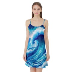 Tsunami Tidal Wave Ocean Waves Sea Nature Water Blue Painting Satin Night Slip