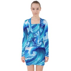 Tsunami Tidal Wave Ocean Waves Sea Nature Water Blue Painting V-neck Bodycon Long Sleeve Dress by uniart180623