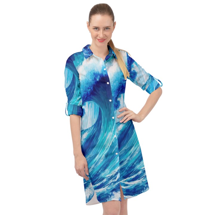 Tsunami Tidal Wave Ocean Waves Sea Nature Water Blue Painting Long Sleeve Mini Shirt Dress