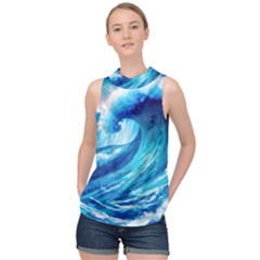 Tsunami Tidal Wave Ocean Waves Sea Nature Water Blue Painting High Neck Satin Top by uniart180623