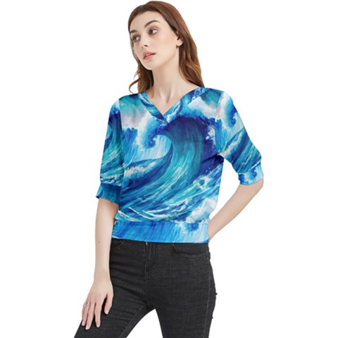 Tsunami Tidal Wave Ocean Waves Sea Nature Water Blue Painting Quarter Sleeve Blouse by uniart180623