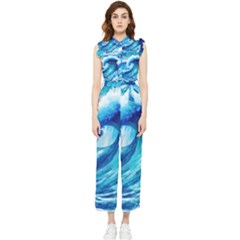 Tsunami Tidal Wave Ocean Waves Sea Nature Water Blue Painting Women s Frill Top Chiffon Jumpsuit by uniart180623