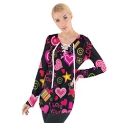 Multicolored Love Hearts Kiss Romantic Pattern Tie Up Tee by uniart180623