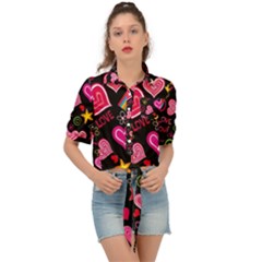 Multicolored Love Hearts Kiss Romantic Pattern Tie Front Shirt  by uniart180623