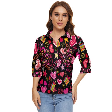 Multicolored Love Hearts Kiss Romantic Pattern Women s Quarter Sleeve Pocket Shirt by uniart180623