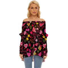 Multicolored Love Hearts Kiss Romantic Pattern Off Shoulder Chiffon Pocket Shirt by uniart180623