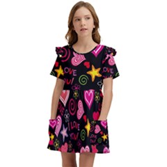Multicolored Love Hearts Kiss Romantic Pattern Kids  Frilly Sleeves Pocket Dress
