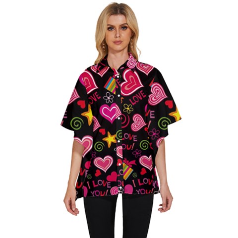 Multicolored Love Hearts Kiss Romantic Pattern Women s Batwing Button Up Shirt by uniart180623