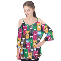 Cat Funny Colorful Pattern Flutter Sleeve Tee 