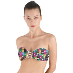 Cat Funny Colorful Pattern Twist Bandeau Bikini Top by uniart180623