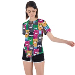 Cat Funny Colorful Pattern Asymmetrical Short Sleeve Sports Tee by uniart180623