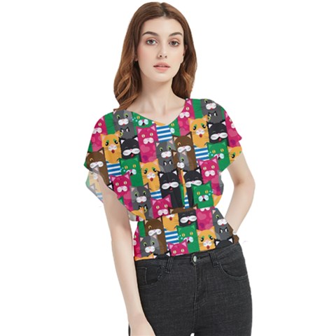 Cat Funny Colorful Pattern Butterfly Chiffon Blouse by uniart180623