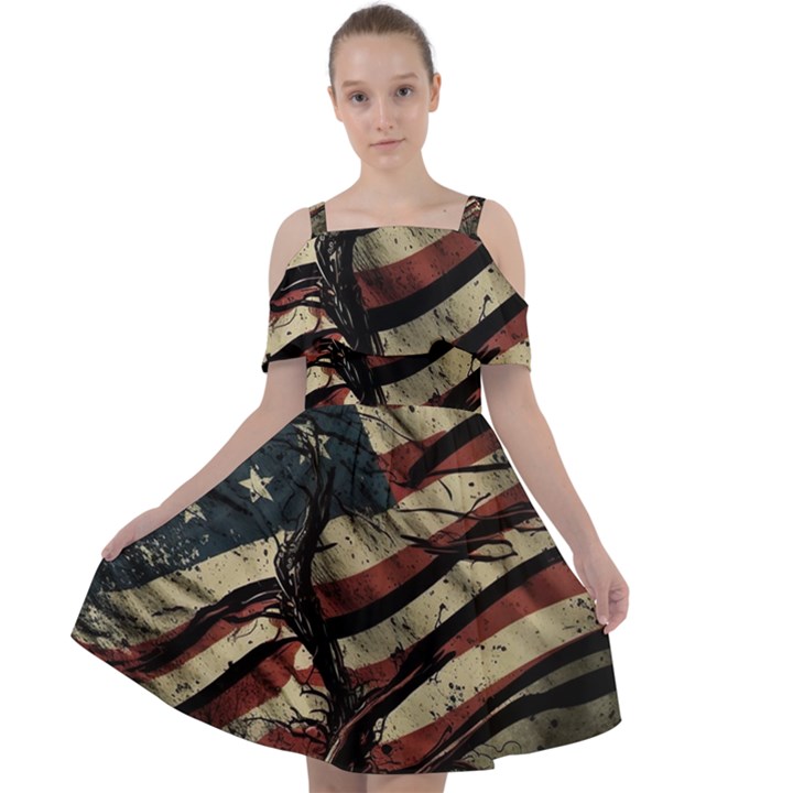Flag Usa American Flag Cut Out Shoulders Chiffon Dress
