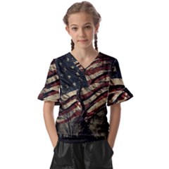 Flag Usa American Flag Kids  V-neck Horn Sleeve Blouse by uniart180623