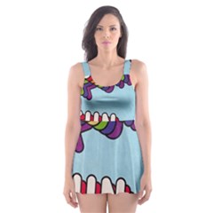 Fun Word Inscription Rainbow Pattern Skater Dress Swimsuit