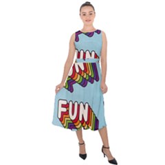 Fun Word Inscription Rainbow Pattern Midi Tie-back Chiffon Dress