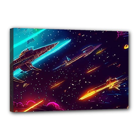 Night Sky Neon Spaceship Drawing Canvas 18  X 12  (stretched)