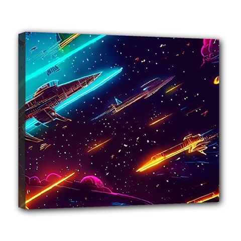Night Sky Neon Spaceship Drawing Deluxe Canvas 24  X 20  (stretched) by Ravend