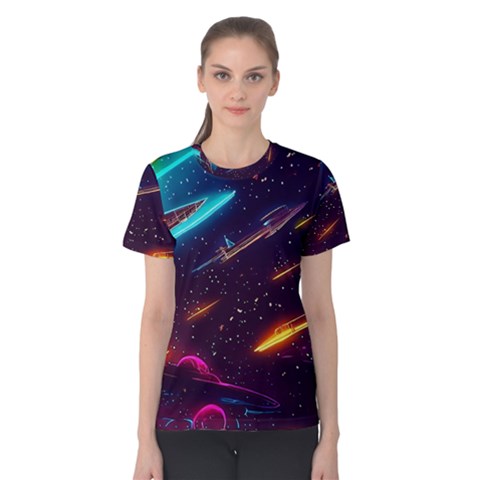 Night Sky Neon Spaceship Drawing Women s Cotton Tee by Ravend