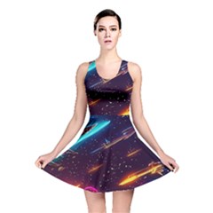 Night Sky Neon Spaceship Drawing Reversible Skater Dress by Ravend