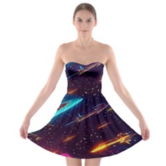 Night Sky Neon Spaceship Drawing Strapless Bra Top Dress by Ravend