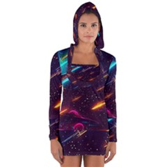 Night Sky Neon Spaceship Drawing Long Sleeve Hooded T-shirt by Ravend