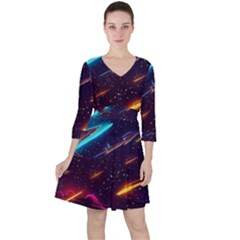 Night Sky Neon Spaceship Drawing Quarter Sleeve Ruffle Waist Dress