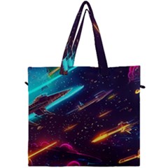 Night Sky Neon Spaceship Drawing Canvas Travel Bag by Ravend