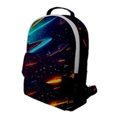 Night Sky Neon Spaceship Drawing Flap Pocket Backpack (large) by Ravend