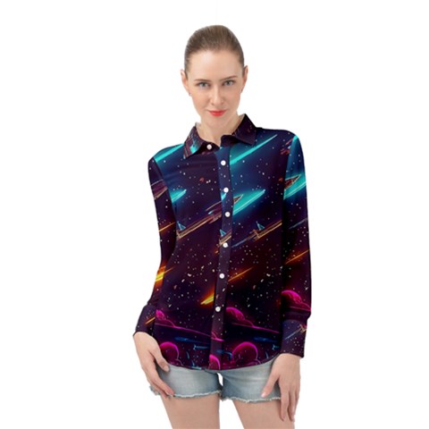 Night Sky Neon Spaceship Drawing Long Sleeve Chiffon Shirt by Ravend