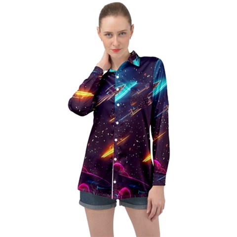 Night Sky Neon Spaceship Drawing Long Sleeve Satin Shirt by Ravend