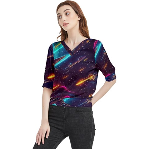 Night Sky Neon Spaceship Drawing Quarter Sleeve Blouse by Ravend