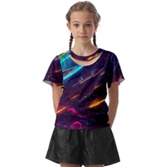 Night Sky Neon Spaceship Drawing Kids  Front Cut Tee by Ravend